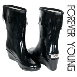 Women Rain Boots, Mid Calf Rubber Wedge Rainboots with Tassels, RB-1811, Black